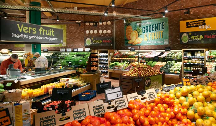 A well-stocked fresh fruit and vegetables section of the Dutch supermarket Jumbo Foodmarkt