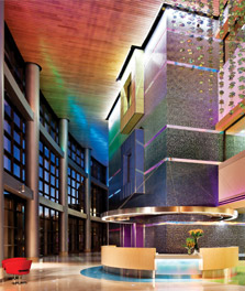 Bright and colorfully lit welcoming reception area - hospital reception lights