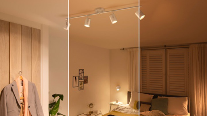 A room split in three different settings with each their own type of lighting