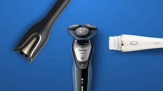 "Philips grooming devices on blue background: electric shaver, beard trimmer, and facial cleansing brush for men’s personal care."
