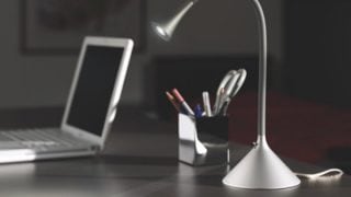 A desk lamp and a laptop sitting on a desk